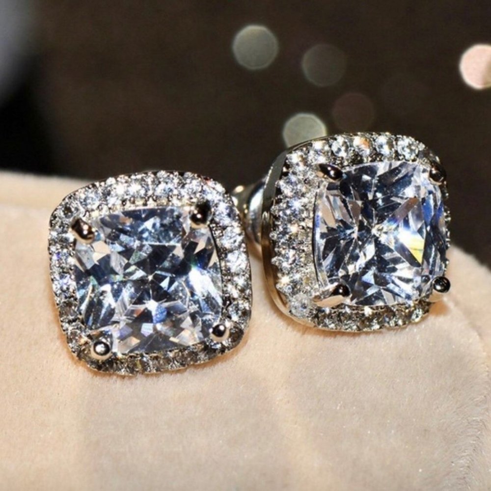 *NEW Silver Cushion Diamond Halo Stud Earrings - Picture 5 of 8